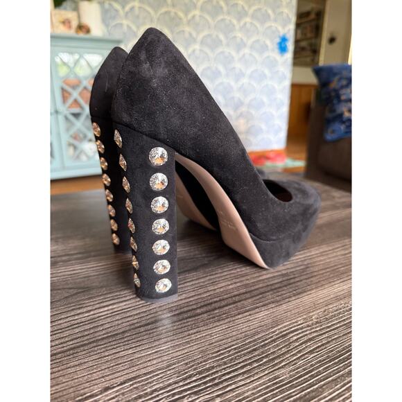 MIU MIU Suede XL Rhinestone Heeled Platforms Sz. 38.5 - Picture 2 of 10